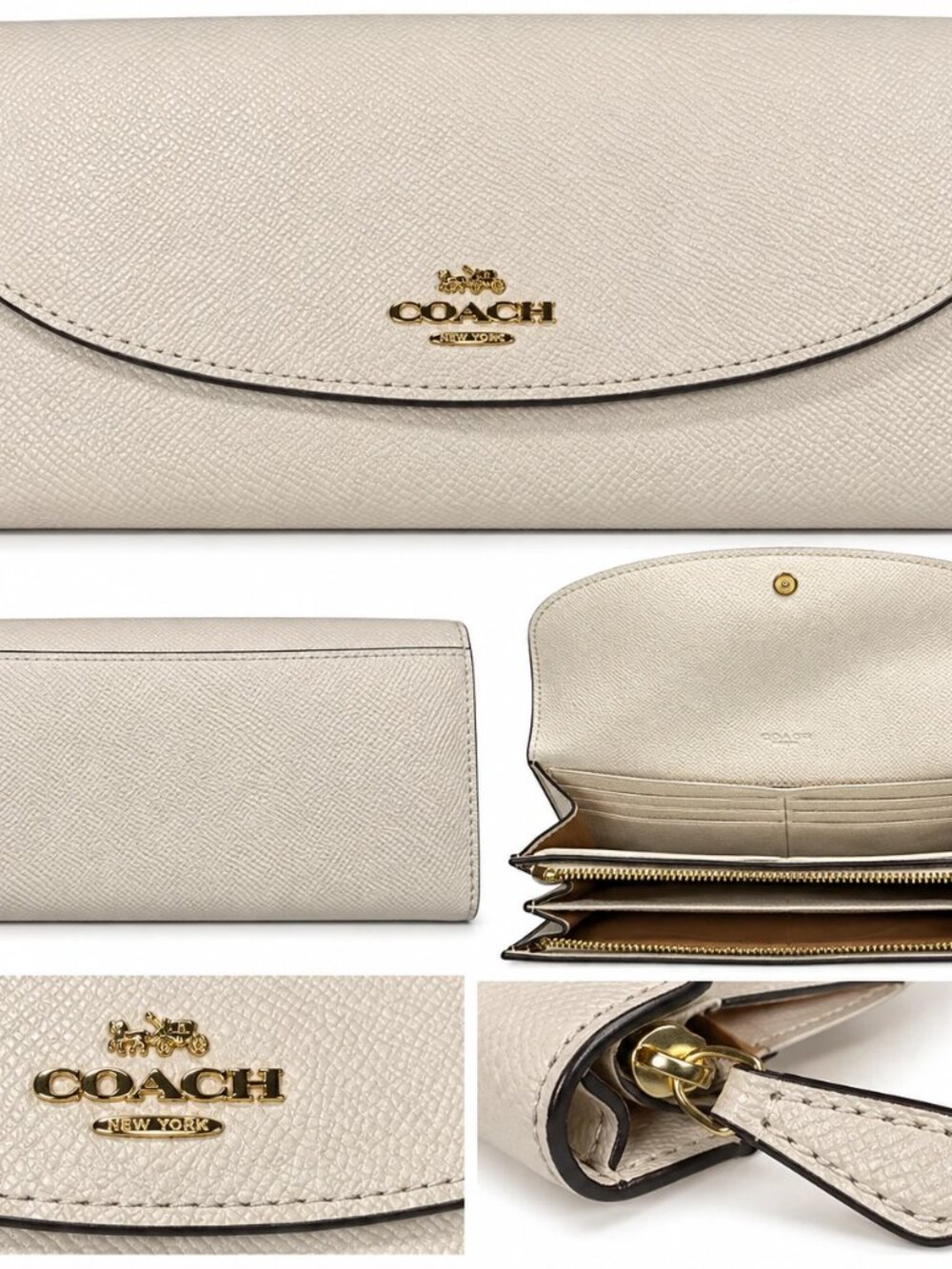 Coach Slim Envelope Wallet Chalk Pebbled Leather Gold Logo 90s Minimalist